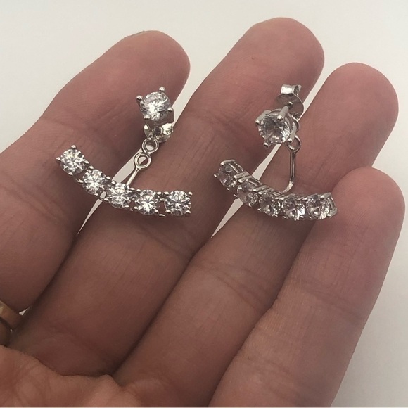 STERLING Silver & Clear / White Cz Stone Front Back Pekaboo Earrings 20mm - Picture 3 of 8